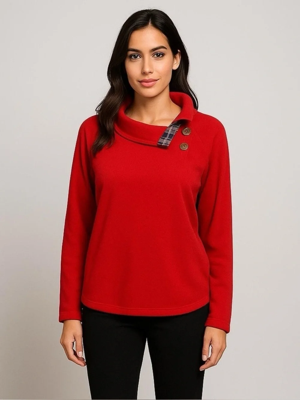 J. Crew Red Cowl-Neck Button Sweater Plaid Trim medium pulllover long sleeve